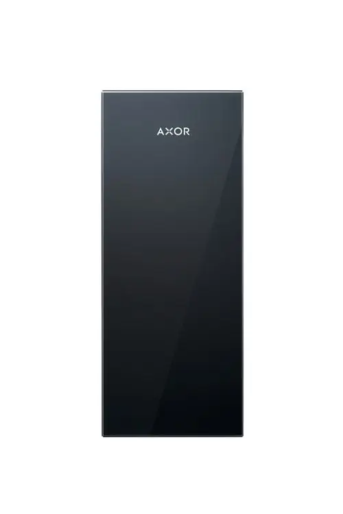 Schwarze, glatte Oberfläche eines AXOR Produkts, möglicherweise eine Platte oder Abdeckfläche, mit minimalistischem Design und ohne erkennbare Beschriftungen oder Details.